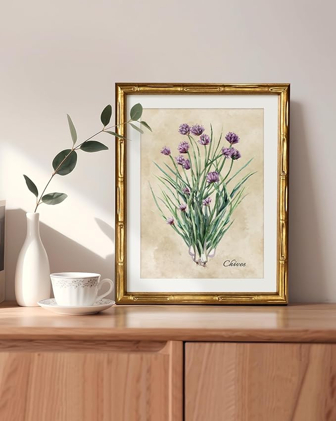 VIYYIEA Bamboo Detail Design Gold Framed Wall Art, Chive Canvas Prints, Vintage Framed Wall Decor, Picture Print Painting for Home Decor, 11 x 14 Inch