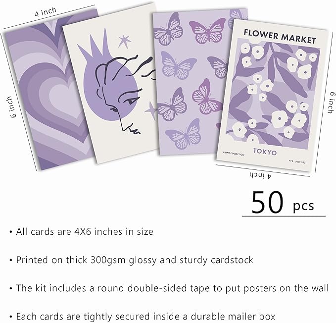 Purple Room Decor: Lavender Wall Collage Kit - Aesthetic Posters & Prints (50pcs, 4x6 inch) for Teen Boys & Girls