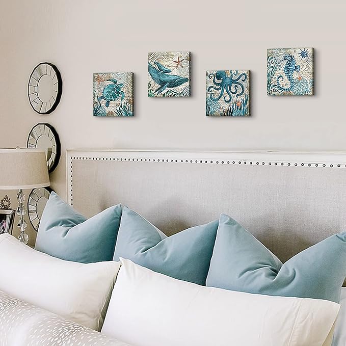 Coastal Beach Wall Art for Living Room Sea Turtle Pictures Bathroom Wall Decor Teal Blue Nautical Themed Seahorse Canvas Painting Ocean Animal Whale Posters Bedroom Kitche Home Decoration 8x8" 4