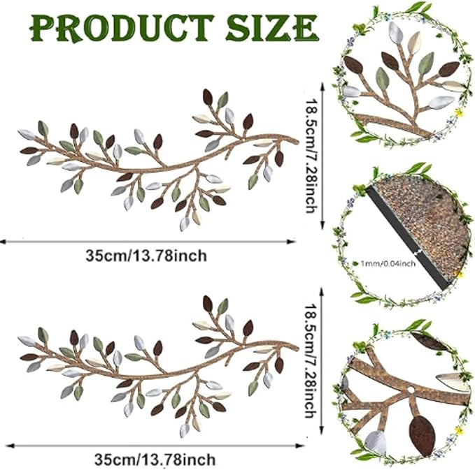Hotop 2 Pieces Metal Tree Leaf Wall Decor Vine Olive Branch Leaf Wall Art Wrought Iron Scroll Sculptures Above the Bed, Living Room, Outdoor Decoration(Classic Style,Colorful)