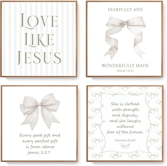 LARTSFRO Coquette Beige Bow Jesus Wall Art Decor Posters, Beige Bow Christian Room Bedroom Bathroom Wall Art Decor Aesthetic for Teen Girls Gifts, Inspirational Bible Verses Bow Wall Decor, 10x10 Inch Set of 4 Bow Pictures (UNFRAMED)