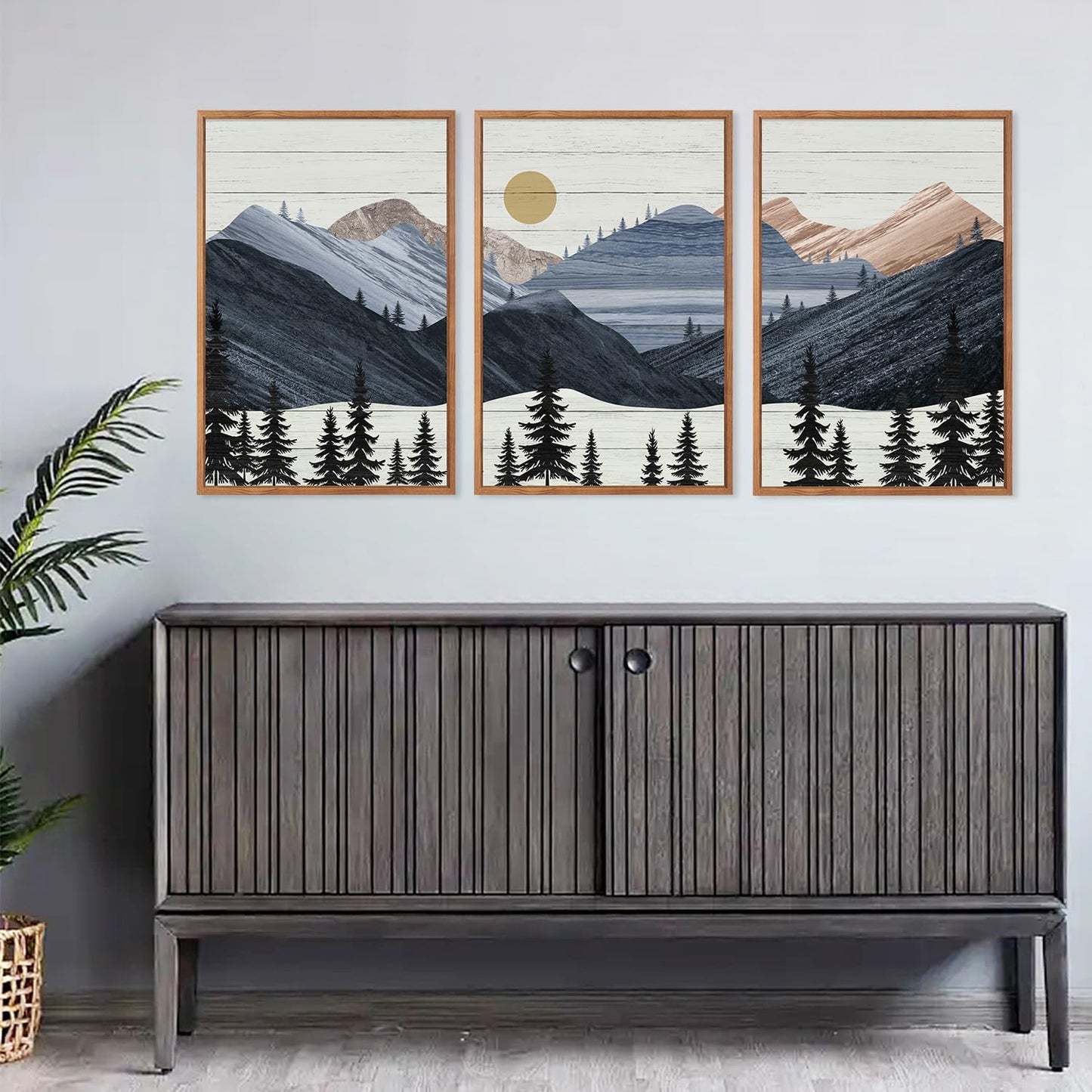 KAIRNE Mountain Canvas Wall Art,Abstract Landscape Wall Decor Set of 3(16”X24”),Sunrise Pine Forest Nature Prints,Wilderness Scenery Pictures for Living Room Bedroom Farmhouse Office Decor,Framed
