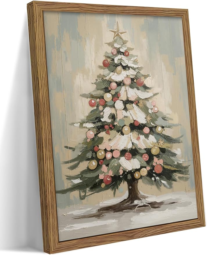 Framed Christmas Tree Wall Decor, Christmas Tree with Christmas Balls Canvas Prints Country Winter Holidays Oil Painting Vintage Christmas Wall Art for Living Room Bedroom – 16x24in