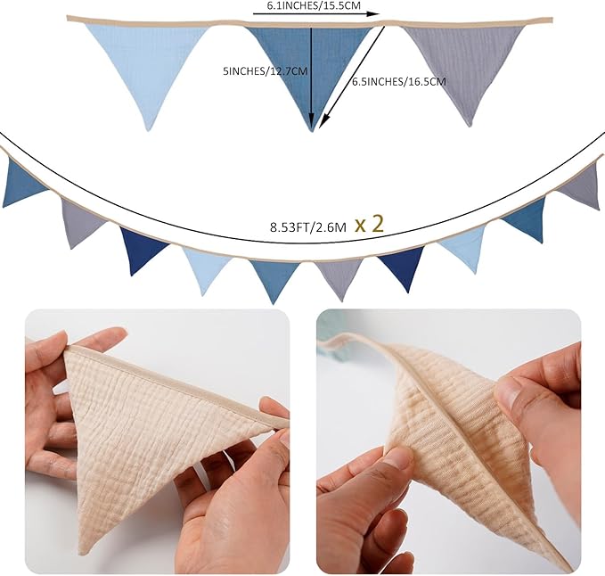 19.6ft Garland Triangle Banners, Pennant Banner Bunting Flags Fabric for Shower Birthday Party Decorations Playroom Decor (Blue grey 2PCS)