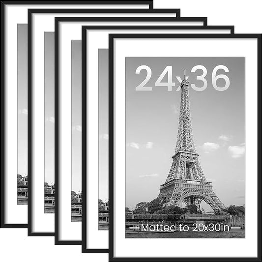 upsimples 24x36 Picture Frame Set of 5, Display Pictures 20x30 with Mat or 24x36 Without, Wall Gallery Photo Frames, Black