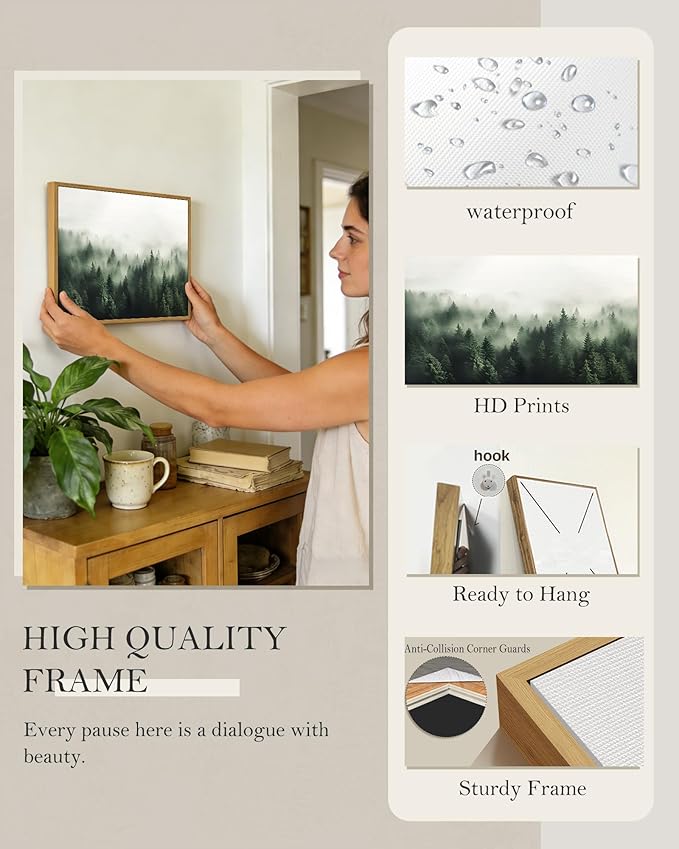 SHENIFY Green Fog Pine Tree Forest Vintage Framed Wall Art Modern Landscape Scenery Farmhouse Artwork Prints Decor for Kitchen Living Room Bedroom Bathroom - 11x14in Natural Framed