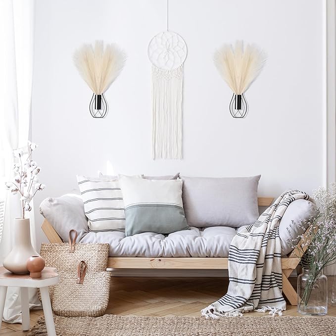 Otoolling 2 Pieces Hanging Plant Wall Decor with Artificial Pampas Grass Metal Hanging Vase Modern Geometric Farmhouse Bohemian Wall Art for Living Room Bedroom Kitchen Bathroom Office (Black, Beige)