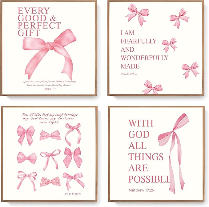 LARTSFRO Coquette Pink Bow Wall Art Decor Posters, Pink Bow Christian Room Bathroom Bedroom Dorm Wall Art Decor Aesthetic for College Teen Girls Gifts, Inspirational Bible Verses Bow Wall Decor, 8x8 Inch Set of 4 Pcs Bow Pictures (UNFRAMED)
