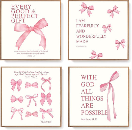 LARTSFRO Coquette Pink Bow Wall Art Decor Posters, Pink Bow Christian Room Bathroom Bedroom Dorm Wall Art Decor Aesthetic for College Teen Girls Gifts, Inspirational Bible Verses Bow Wall Decor, 8x8 Inch Set of 4 Pcs Bow Pictures (UNFRAMED)