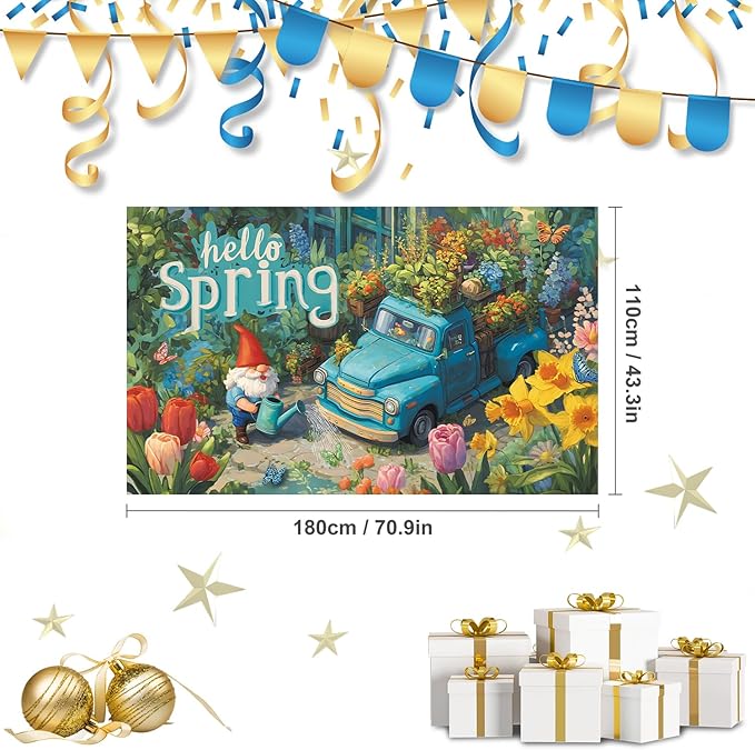 Hello Spring Backdrop 71'' x 43'' Hello Spring Banner Gnome Daisy Butterfly Backdrop Decorations for Photography Background Photo Prop Booth Party Decor