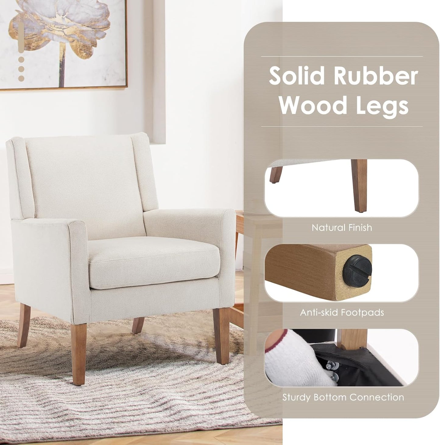 COLAMY Modern Wingback Living Room Chair Set of 2, Upholstered Fabric Accent Armchair, Single Sofa Chair with Lounge Seat and Wood Legs for Bedroom/Office/Reading Spaces, Beige