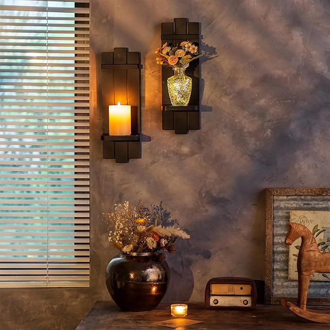 Candle Sconces Black Wall Decor Set of 2 - Wood Wall Candle Holders Set of Two for Small Plants Pillar Candles Tealight - Gothic Distressed Decor for Living Room