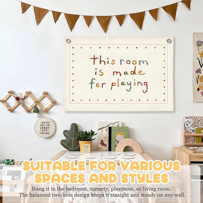 Playroom Decor Wall Banner "This Room Was Made For Playin'" 20x30 Inch - Nursery Canvas Art, Kids Bedroom Hanging, Linen Toddler Play Area Sign, Children's Canvas Flag Decor