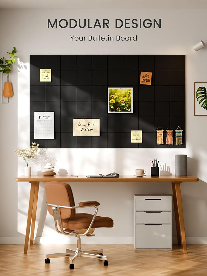 Bumusty Large Felt Bulletin Board, 36" x 24" Cork Board Alternative, 6-Pack Wall Tiles with 4-Compartment Design, 30 Push Pins, 40 Adhesive Tabs, Ideal for Office & Home Decor, Black