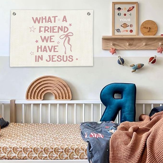 RTXLEZM What a Friend We Have Jesus Christian Decor, Coquette Pink Bow Bible Verses Canvas Banner Wall Hanging, Preppy Religious Wall Banner Decor for Girls Bedroom Room Dorm, 20x30 Inch