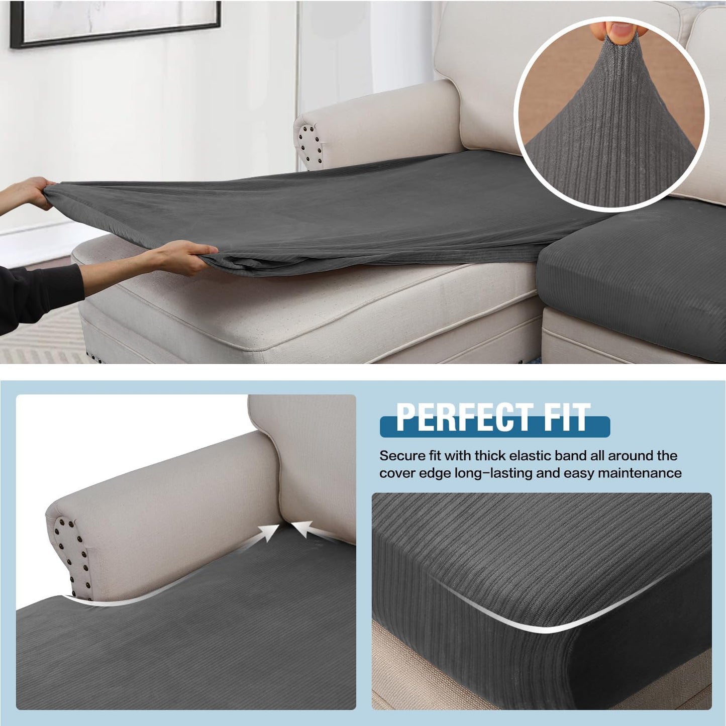 H.VERSAILTEX Velvet Stretch Sectional Couch Covers 4 Pieces Sofa Seat Cushion Covers L Shape Separate Cushion for Both Left/Right Couch (Large Sofa 3 Seater + 1 Chaise, Grey Striped)
