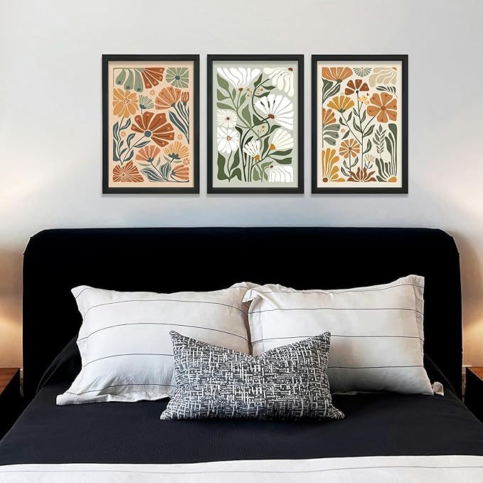 YWJKWLGS Wildflowe Floral Botanical Wall Art Print, Boho Flower Wall Decor, 3 Piece, 16x24 Inch, Modern Abstract Wood Framed for Home Living Room Master Bedroom Bathroom Office (Black)