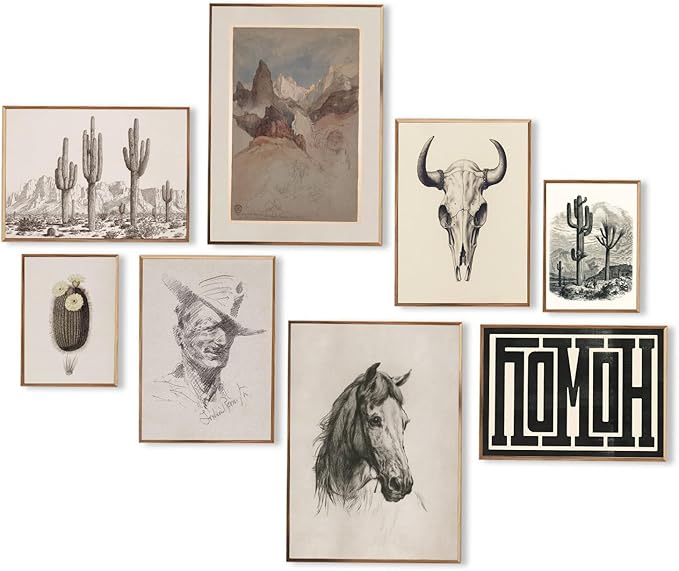 Western Decor Vintage Western Wall Art,Rustic Farmhouse Wall Decor Living Room,Vintage Cowboy & Cactus Sketch Art Prints,Neutral Tone Southwest Landscape & Animal Skull Artwork for Bedroom Bathroom Decorations,Unframed