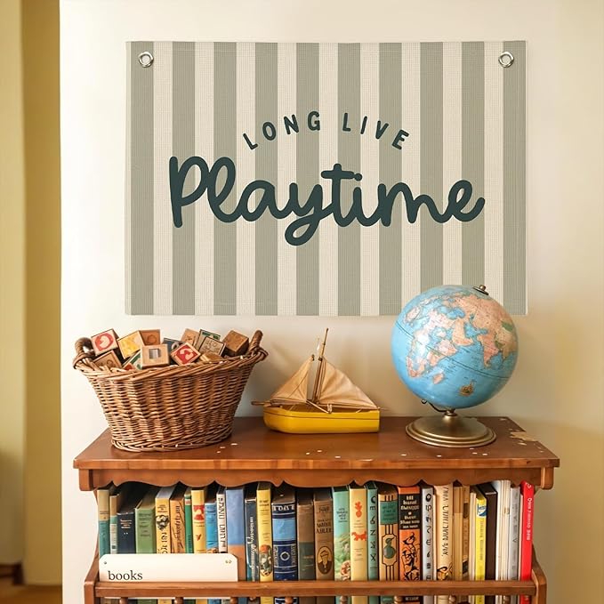 Playroom Wall Decor,Long Live Playtime Banner,Kids Room Decor,Green Stripes Linen Canvas Banner Wall Hanging Flag Decor for Toddler Boy Room Nursery Playroom 30x20 Inch