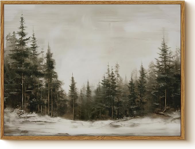 Winter Forest Wall Art 12x16 Framed Canvas Print, Neutral Nature Snow Pine Tree Landscape Painting, Rustic Woodland Artwork Living Room Bedroom Entryway Farmhouse Christmas Holiday Home Decor