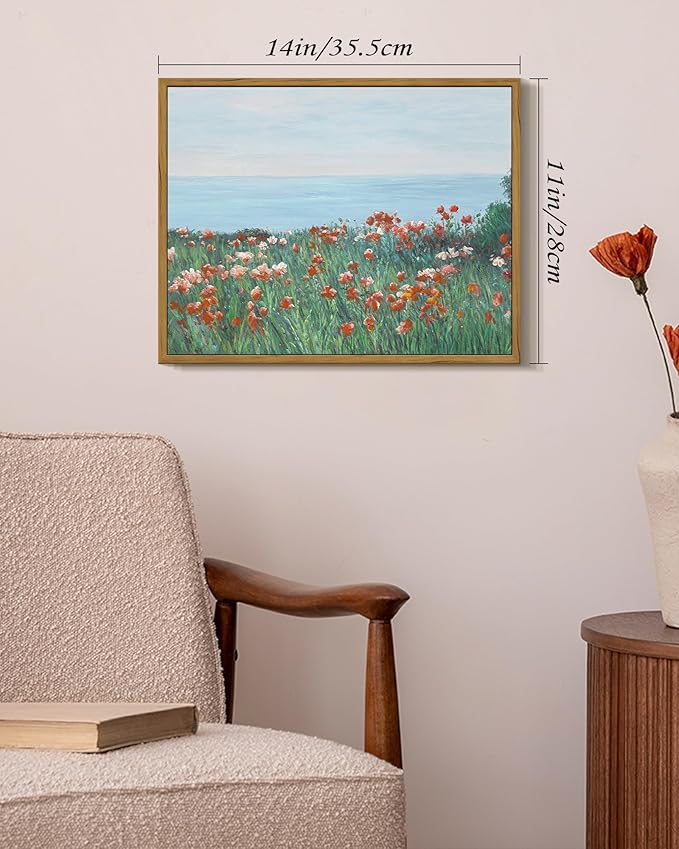 SHENIFY Vintage Framed Wall Art Coastal Wildflower Field Poppy Flower Landscape Scenery Home Decor Retro Decorations for Farmhouse Bedroom Ready to Hang Wall Artwork - 11x14in Natural Framed
