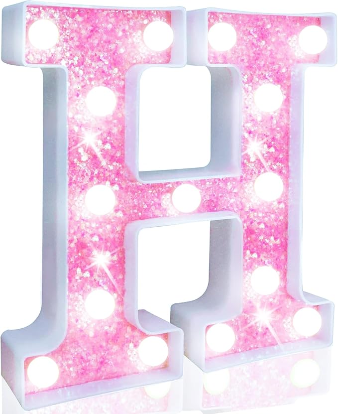Pooqla LED Marquee Letter Lights, Light Up Letters for Birthday Decorations, Glitter Letter Sign Battery Powered Night Light Pink Party Wedding Christmas Girls Gift Bedroom Dorm Decor, Cool White H