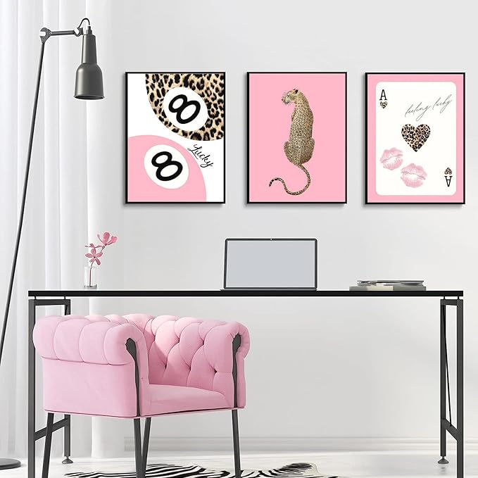 Set of 3 Trendy Pink Leopard Wall Art Cheetah Lucky 8 Ball Posters Prints Preppy Cheetah Aesthetic Wall Decor Pictures for Girly Bedroom Apartment Dorm Decoration Unframed 12x16in