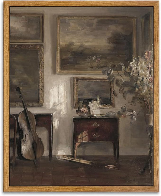 KBKBART Vintage Framed Wall Art, Farmhouse Decor Moody Still Life Canvas Oil Painting Vintage Dark Bathroom Art Prints, Neutral Antique Wall Art Decor for Bedroom, Living Room, Gallery, Gifts for Friends or Family (8"x10")