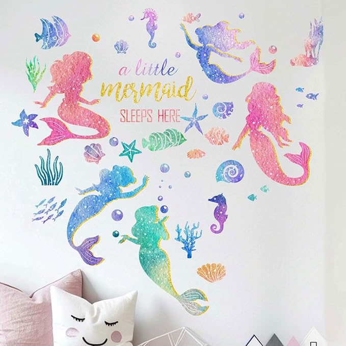 Baby Girls Mermaid Wall Decals - Under The Sea Marine Theme Wall Stickers - Nursery Kids Room Daycare A Little Mermaid Sleeps Here Wall Decor