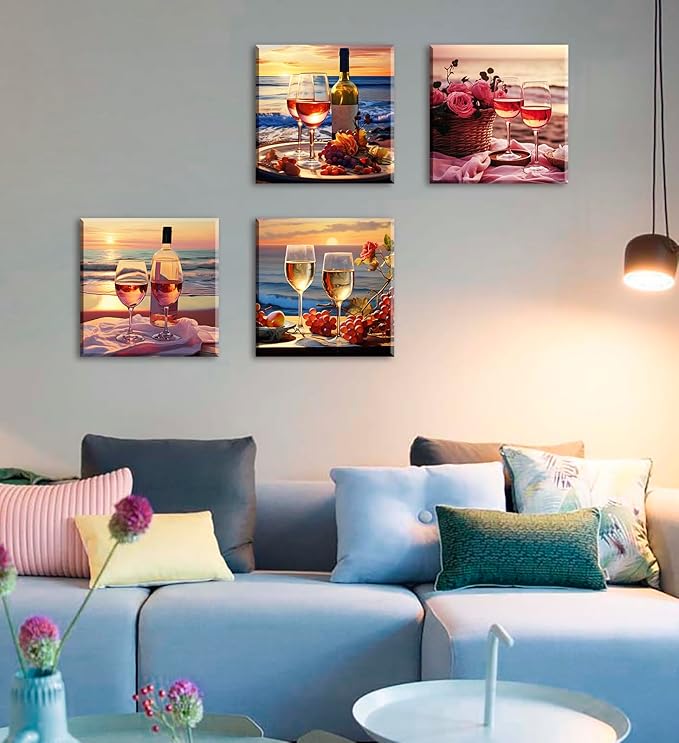 Kitchen Decor Dining Room Wall Art Wine Glass Still Life Fruit Goblet Canvas Prints Artwork Beach Sunset Landscape Romantic Poster Bar Restaurant Home Decoration Framed Ready to Hang 12"X12"X4 Panels