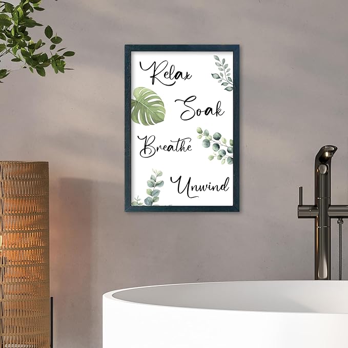YWJKWLGS Bathroom Decor Relax Soak Breathe Unwind Framed Sign with Green Leaves, 11x16 Inch，Spa Wall Art for Modern Rustic or Farmhouse Style (Black)