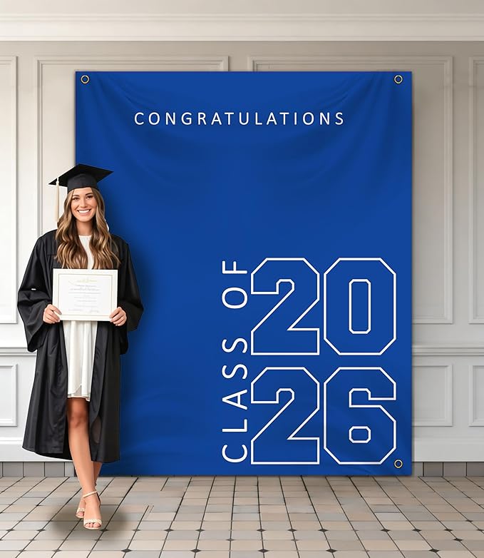 Class of 2026 Graduation Banner 5X6feet - Large CONGRATS GRAD Polyester Banner, Photo Backdrop & Wall Decor for Commencement Party Supplies, Blue and White Graduation Party Decorations for High School & College