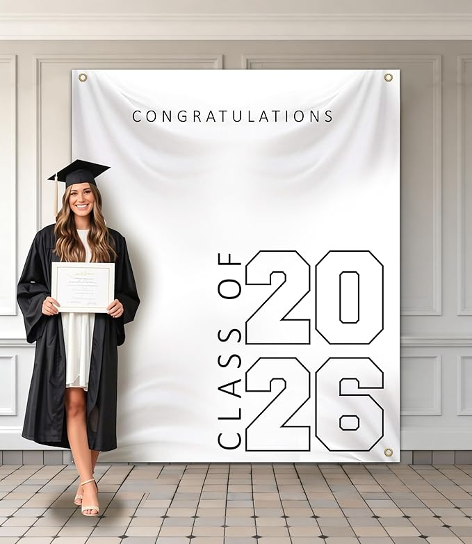 Class of 2026 Graduation Banner 5X6feet - Large CONGRATS GRAD Polyester Banner, Photo Backdrop & Wall Decor for Commencement Party Supplies, White and Black Graduation Party Decorations for High School & College