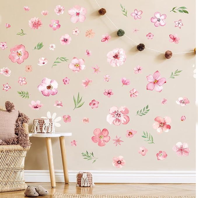Glow in The Dark Boho Flower Wall Decals，Glowing Luminous Pink Watercolor Flower Wall Stickers Removable self-Adhesive Wildflower Decals for Girls Bedroom Kids Baby Nursery Living Room Decor
