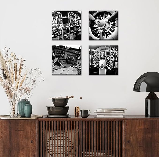 DJSYLIFE Vintage Airplane Wall Art - 4-Panel Black and White Canvas Print Poster, Propeller Plane Close-Up Decor for Office, Bedroom, Man Cave, Modern Home Decor, Ready to Hang 12"x12"x4