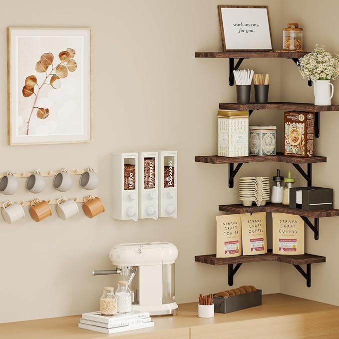 Fixwal Floating Shelves for Wall, Rustic Wood Wall Mounted Corner Shelf for Bathroom, Kitchen, Bedroom, Home Decor, Laundry Room, Living Room, Set of 5 (Walnut Brown)
