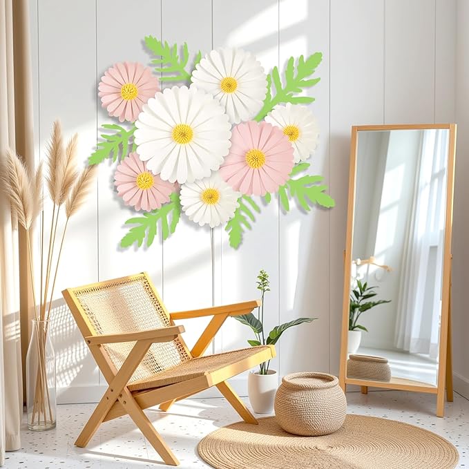 SUNBEAUTY Paper Flowers Decorations for Wall Giant Daisy Flowers Bulletin Board Decoration 3D Floral Tissue Paper Flowers Hanging for Classroom Wedding Baby Shower Tea Party Backdrop (Pink, White)