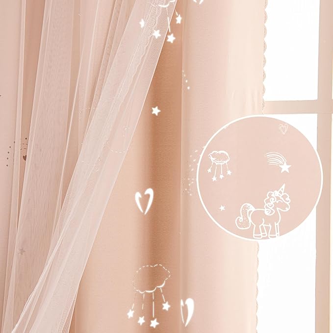 UNISTAR 2 Panels Unicorn Curtains for Kids Girls Bedroom Aesthetic Living Room Decor Double Layer Star Cut Out Baby Pink Window Wall Home Decoration,W52 x L63 Inches