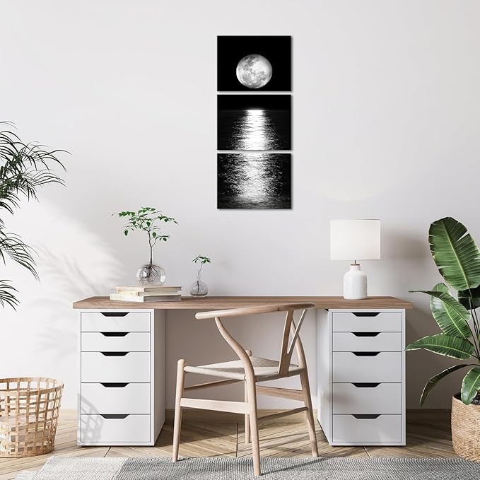Artmyharbor Full Moon Phase Canvas Wall Art Vertical Black and White Picture Moon on Sea Print Modern Bedroom Decorations Cool Apartment Decor for Men