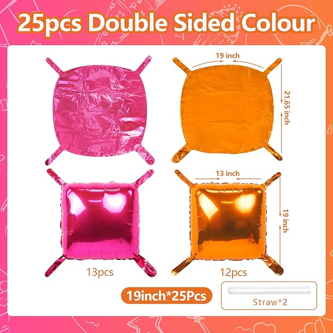 NISOCY 25PCS Rose Red and Orange Square Foil Balloons Wall Backdrop Double Sided Hot Pink Orange Balloons Arch Kit for Birthday Baby Shower Valentine's Day Wedding Tropical Party Decorations