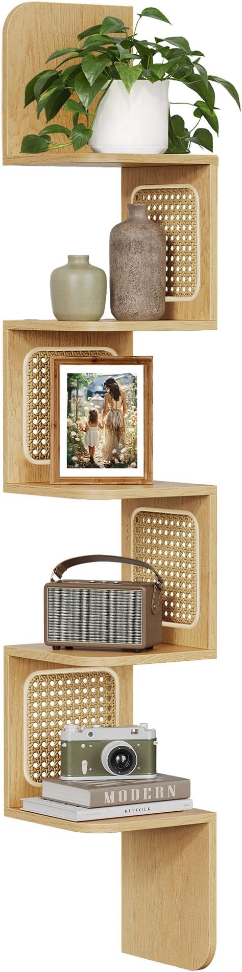 VASAGLE 5-Tier Corner Shelf, Wall Mounted Floating Shelf, Zigzag Corner Shelf Unit, PVC Rattan Sides, Space-Saving, for Kitchen, Living Room, Bedroom, Boho Style, Oak Beige ULLS582YC01S