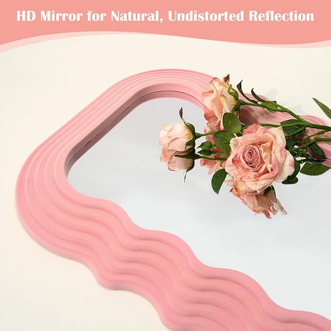 Wavy Mirror Wall Decor for Girly Bedroom, 14x28 Abstract Decorative Mirrors for Modern Apartment Nursery Room Decoration, Large Hanging Wall Art Above Dresser Desk Table Decor (Light Pink)