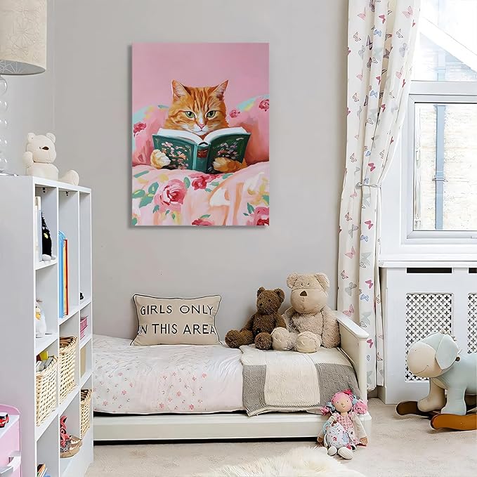 Framed Vintage Cats Canvas Wall Art, Funny Animal Reading Books Poster Printing Pictures, Pink Cute Cat Lovers Wall Decor for Girls Room Bedroom Kids Room Living Room Bathroom 16x24 in