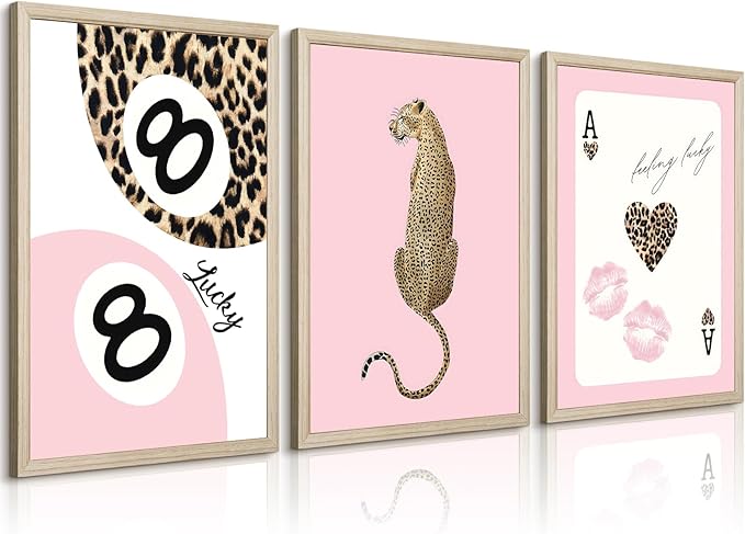 Trendy Leopard Wall Art Cheetah Print Canvas Wall Decor 8 Ball Poster Preppy Room Aesthetic Pictures Funky Coquette Vintage Prints Y2k Fashion Lucky Posters for Bedroom 16x24x3 Inch Framed