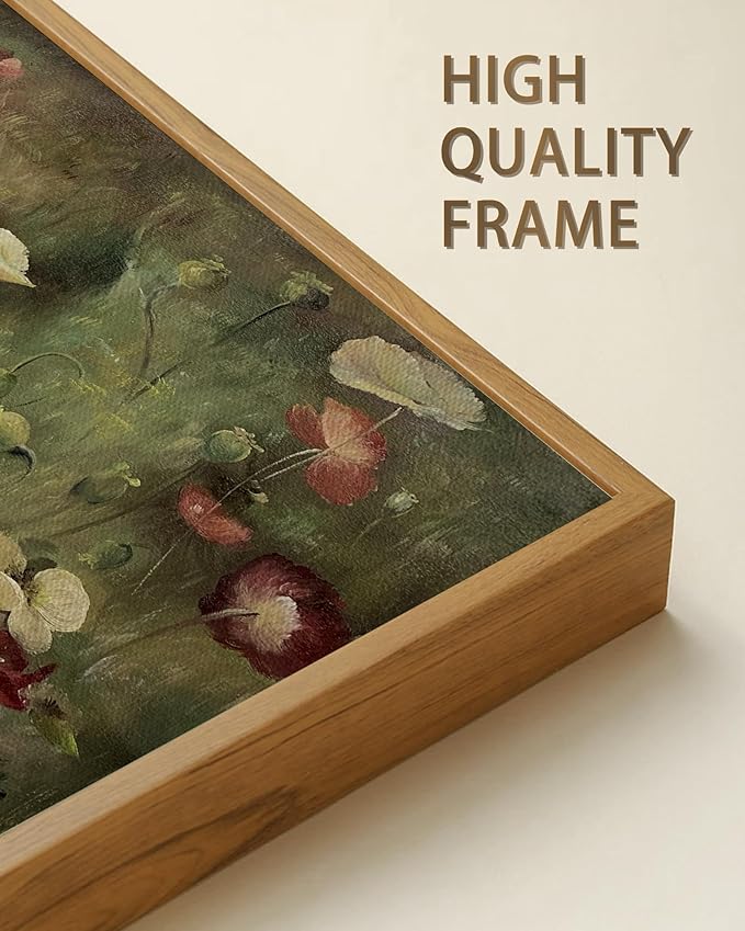 SHENIFY Vintage Framed Wall Art Poppies Flower Landscape Painting Retro Red Floral Scenery Farmhouse Kitchen Living Room Decor - 8x16in Natural Framed