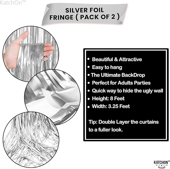 KatchOn, XtraLarge Silver Foil Fringe Curtain - 3.2x8 ft Pack of 2, Streamers Backdrop for Graduation Decorations 2026, Silver Fringe Backdrop for Birthday Decor, Bachelorette party decorations