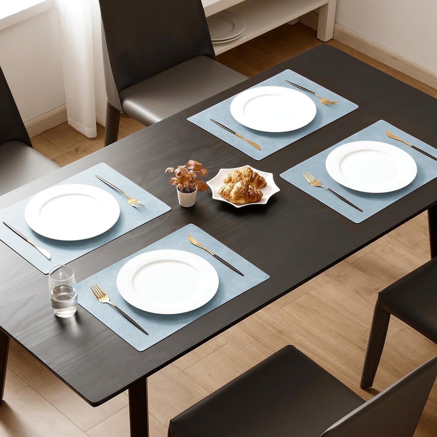 MOSAYT Vinyl Placemats Set of 4-12 X 17 Inch - Faux Leather 100% Waterproof Oil-Proof Wipeable PU Place Mats, Heat Resistant Reversible Table Mats for Kitchen, Dining, Outdoor (Light Grayish Blue)