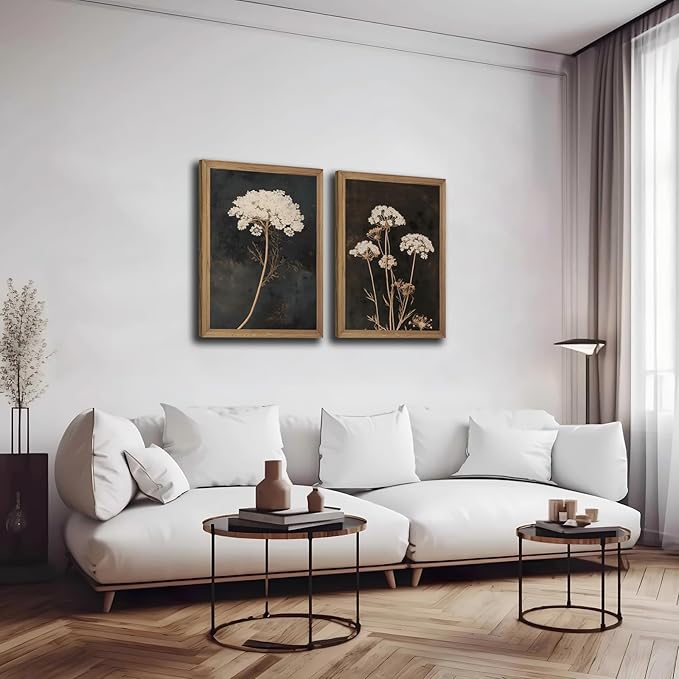 2Pcs Framed Moody Botanical Wall Art with Wood Frame Vintage Queen Anne’s Lace Flower Canvas Paintings Rustic Floral Poster Picture Prints Decor for Farmhouse Living Roomor Bedroom16X24In