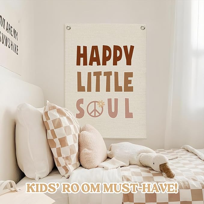 Nursery Wall Decor,Kids Room Decor,Happy Little Soul Linen Canvas Banner,Boho Inspirational Wall Hanging for Girls Bedroom,Nursery,Playroom 18x25 Inch
