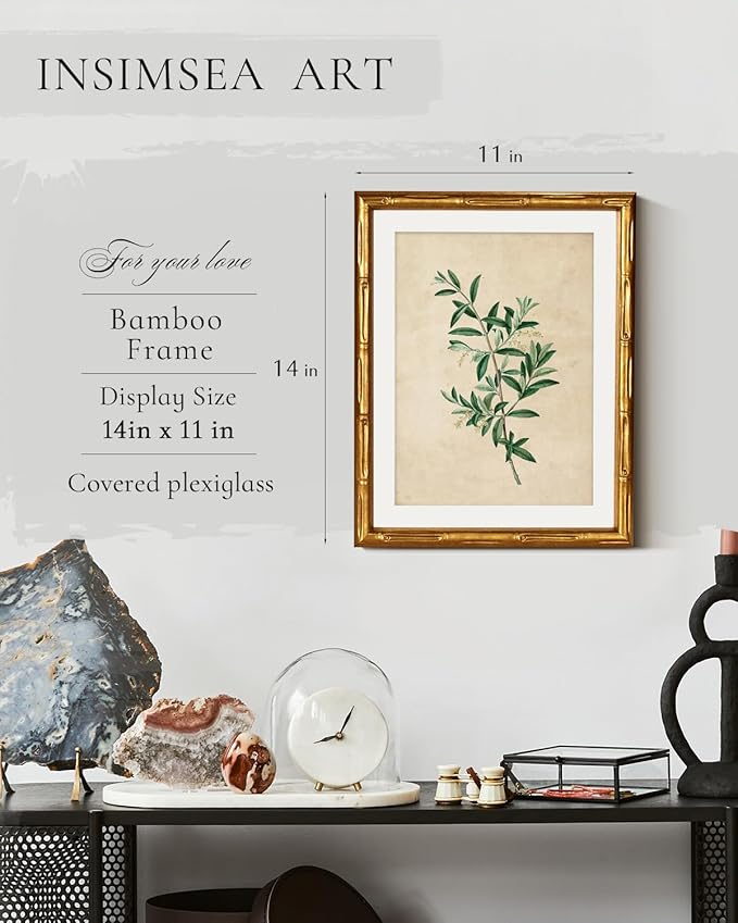 InSimSea Gold Bamboo Framed Canvas Wall Art, Vintage Olive Flower Botanical Prints, Antique Picture Frame with Mat, Victorian Home Wall Decor for Kitchen Dining Living Room Bedroom, 11x14inch